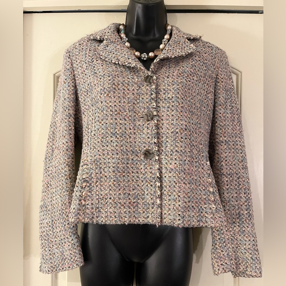 Classic Jones New York Fringed Trimmed, Button Front Jacket - Pink & Blue Tones